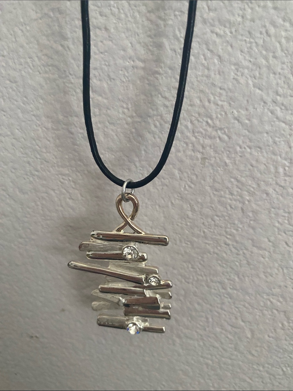 Silver Layered Bar Pendant Necklace with Clear Stones - Women Jewelry